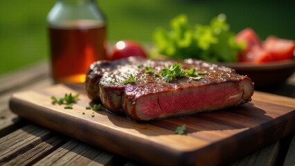 Juicy grilled steak on a wooden board garnished with herbs, accompanied by lush greenery and fresh tomatoes, ready to feast in an outdoor setting