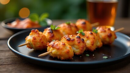 Golden, crispy potato and cheese balls on skewers served on a black plate with a side dip and blurred background setting for a cozy meal
