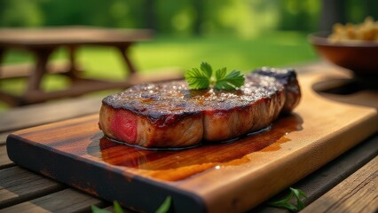 Juicy grilled steak on a wooden board garnished with herbs, accompanied by lush greenery and fresh tomatoes, ready to feast in an outdoor setting