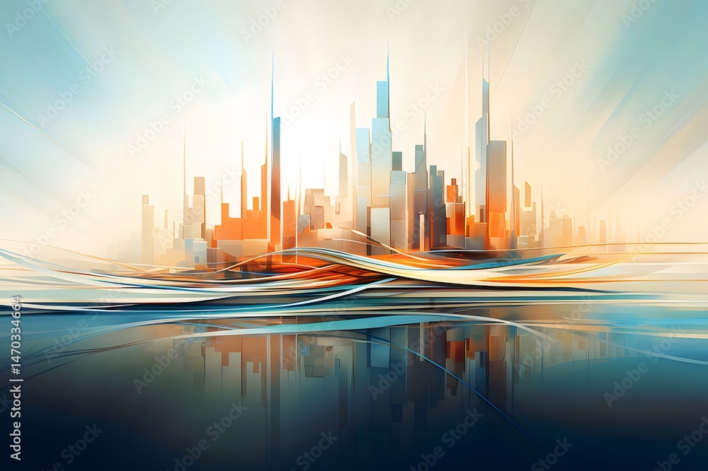 Aufkleber 未来的な抽象的な都市の景観、オレンジと青の色調、水の反射とスタイライズされた建物、モダンアートスタイルの壁紙の背景