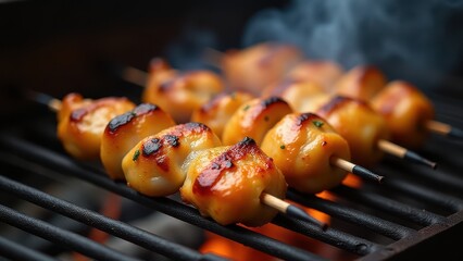 Juicy grilled chicken skewers sizzling over a hot barbecue, releasing flavorful smoke