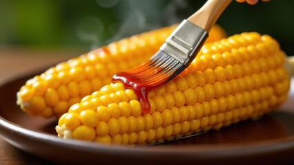 Brush applying vibrant red sauce onto steaming corn on the cob on a wooden plate