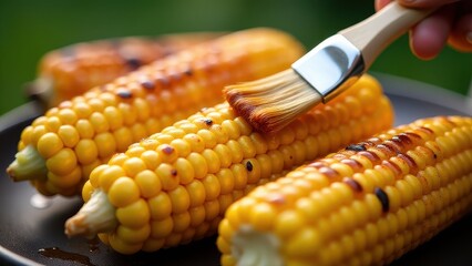Brush applying vibrant red sauce onto steaming corn on the cob on a wooden plate