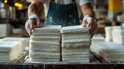 Craftsmanship in action with hands organizing layers of material in a workshop setting