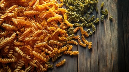 Colorful fusilli pasta arranged on a wooden surface, showcasing vibrant hues and textures