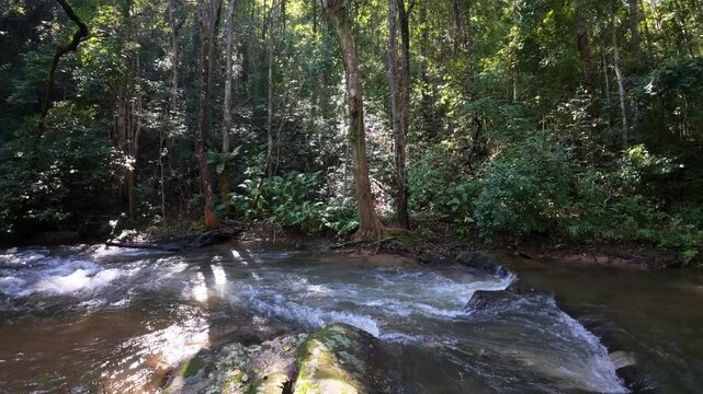 The Pha Dok Seaw Waterfall in Chiang Mai, Thailand, offers a serene view, with lush forest and flowing water enhancing the peaceful atmosphere.