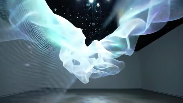  A translucent membrane floats and ripples slowly in ambient light, its folds glowing with shifting iridescence as the camera orbits gracefully