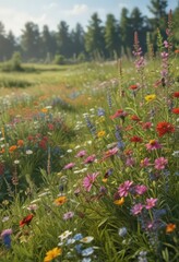 Fototapeta premium Vibrant summer meadow border, wildflowers, insects, dragonfly, design