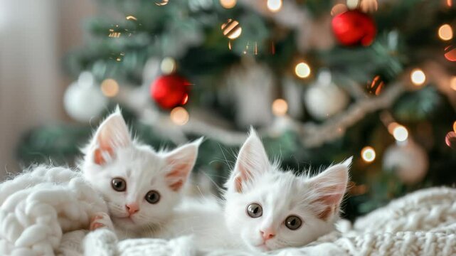 Two adorable white kittens rest peacefully on a thick, knitted white blanket. Behind them is an out-of-focus Christmas tree adorned with decorative ornaments and twinkling lights.