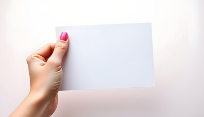 Female hand with blank invitation card on light background, vibrant. White tone
