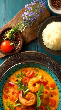 Traditional Brazilian Shrimp Moqueca with Rice &ndash; Colorful Overhead Food Shot

