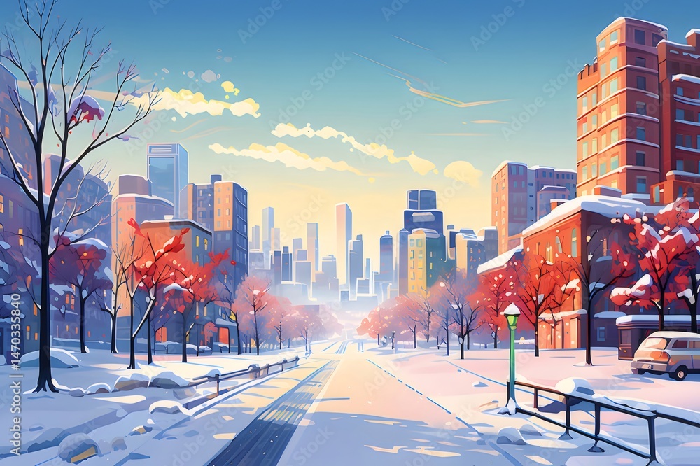 Aufkleber 雪に覆われた都市の通り 冬の鮮やかな空と高層ビル群の都市景観 雪の日の街並み