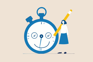 Time management, manage project deadline, improve work efficiency or productivity to finish project on time concept, happy entrepreneur woman drawing smile face on time counting down timer clock.