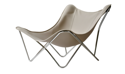 A beige fabric lounge chair with a sleek, chrome-plated metal frame. Designed for relaxation and comfort