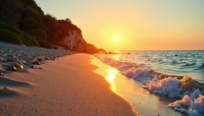 Golden hour sunlight bathes a secluded beach in warm, inviting light Soft sand, gentle waves, and tranquil atmosphere , seductive, waves, sunrise
