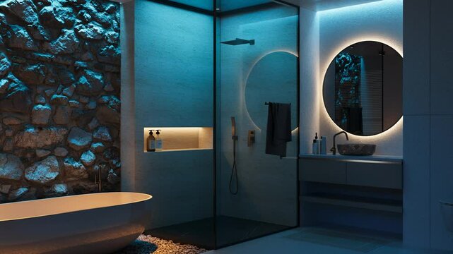 This modern bathroom exudes luxury and a relaxing atmosphere, with an elegant freestanding bathtub and a spacious glass shower. The stone wall and dim blue lighting create a unique ambiance