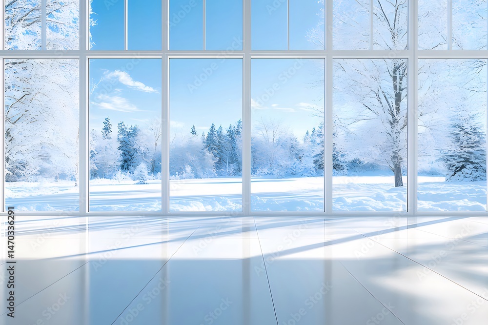 Aufkleber 白い床の上の大きな窓から見える冬の雪景色 晴天の日の明るい室内からの穏やかな眺め