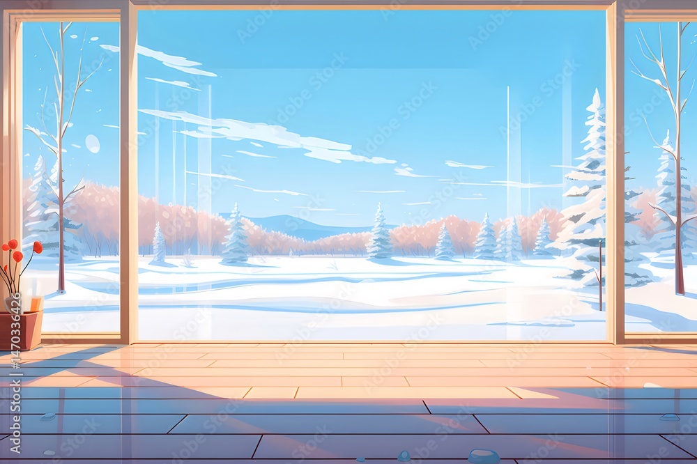 Aufkleber 窓から見える雪の風景 冬の晴れた日に雪山と木々が広がる平和な景色 ピクセルアートスタイル