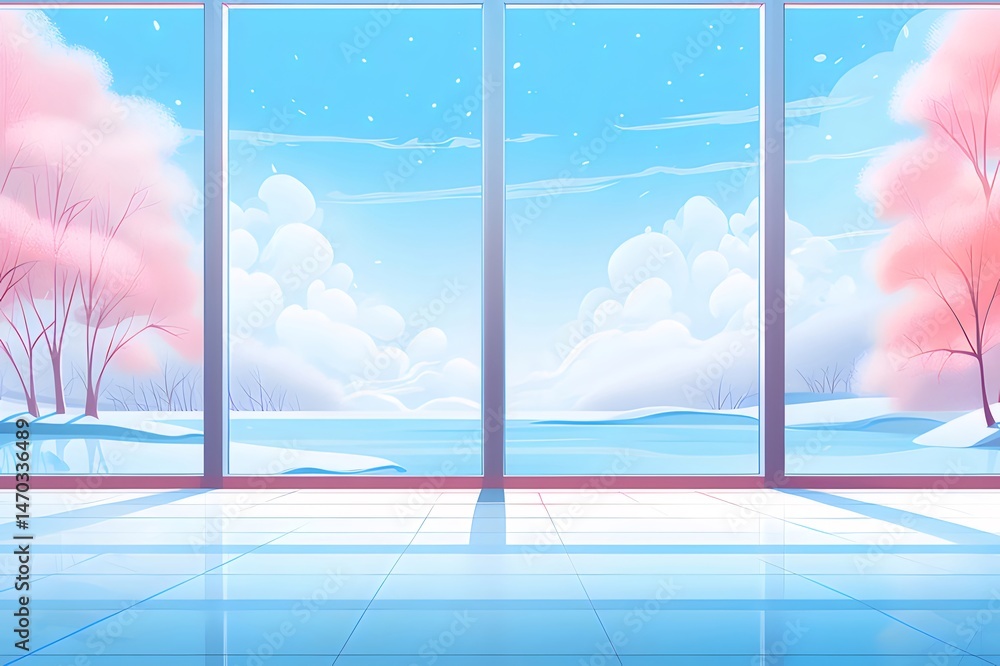 Poster 窓からの桜の雪景色 パステルカラーの穏やかな風景 現代的なスタイルで描かれた美しい冬の眺め
