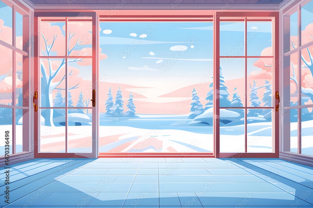 Aufkleber 雪景色ピクセルアート スライド式ドアから見える冬山の景色 晴れた日の自然の背景 穏やかな雪景色と山の眺め