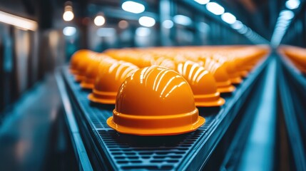 Industrial factory setting with orange safety helmets on assembly line