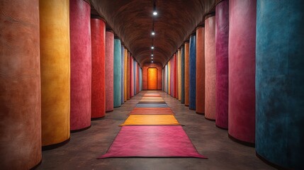 Vibrant columned hallway with colorful pillars and rugs