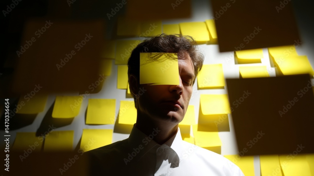 Aufkleber a man stands in front of a wall covered in bright yellow sticky notes. his face is partially hidden.