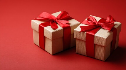 Obraz premium Ultra quality image of elegant gift boxes with red ribbons lying on red background.