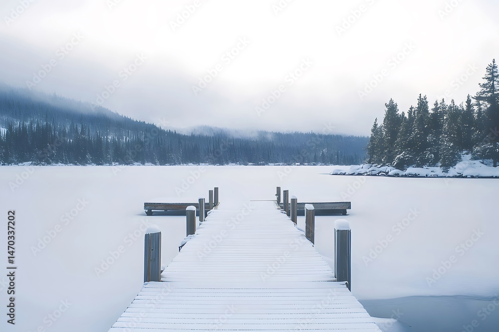 Aufkleber 雪に覆われた湖と桟橋 曇り空の下の冬の風景 松の木と遠くの山々 静けさと寒さの自然美 冬の観光地