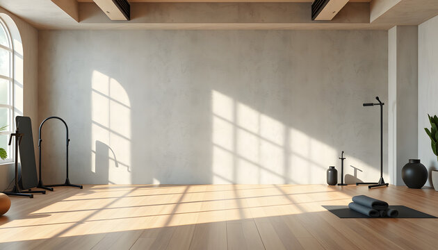 Bright concrete yoga gym interior with equipment, blank mockup space on wall, daylight and wooden flooring. Healthy lifestyle concept. Mock up, 3D Rendering, Dreamy. White tone