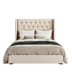 Elegant Upholstered Bed with Tufted Headboard and Soft Bedding, Perfect for Modern Bedroom Design and Cozy Atmosphere, Ideal for Interior Decoration Projects
