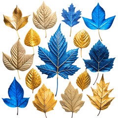 Obraz premium Gold and Blue Autumn Leaves Collection on Transparent background