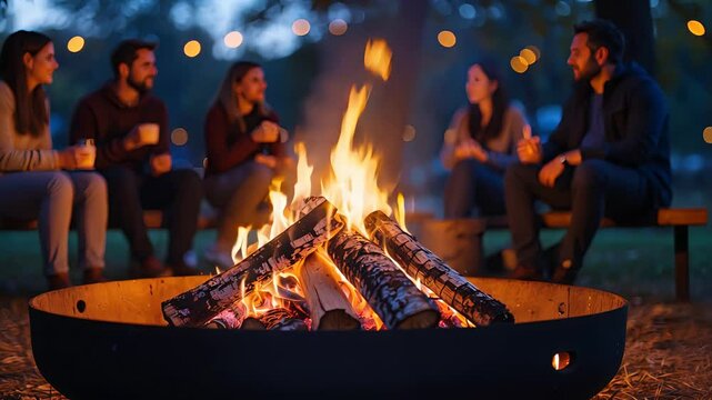 Group of friends sitting around a glowing campfire at night in a park setting, drinking hot beverages and enjoying a cozy outdoor gathering

