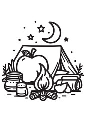 Coloring book apple camping outdoors with a tent and campfire under the moon and stars.