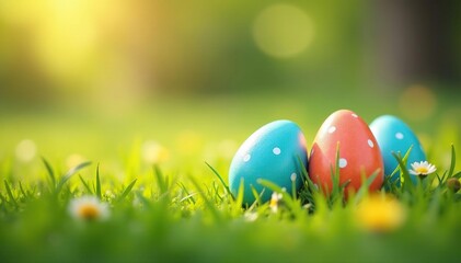 Joyful Easter egg hunt scene with colorful eggs hidden in spring grass , celebration, colorful eggs