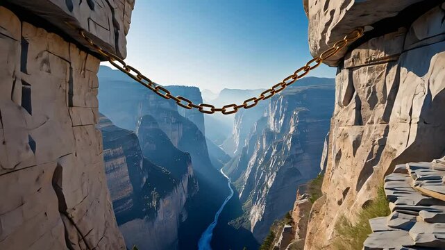 Massive chain connecting two rocky cliffs above a deep canyon with a winding river below and expansive mountainous landscape in the distance

