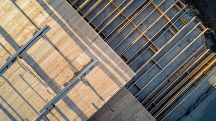 Construction site overview of wooden framework and materials for building structure development