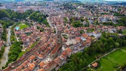 An Panoramic aerial of the old town of the city Fribourg in Switzerland on a sunny day in summer