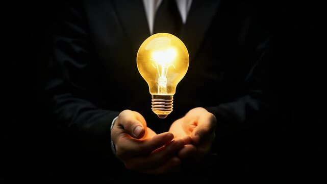 A business professional in a black suit holds a glowing lightbulb above their cupped hands. The scene conveys the concept of innovation, creativity, , having an idea ready to be executed in the dark.