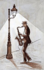 Urban scene of a street musician playing a saxophone under a lamppost. The performer is wearing a suit and hat, contributing to the artistic and classic ambiance of the scene.