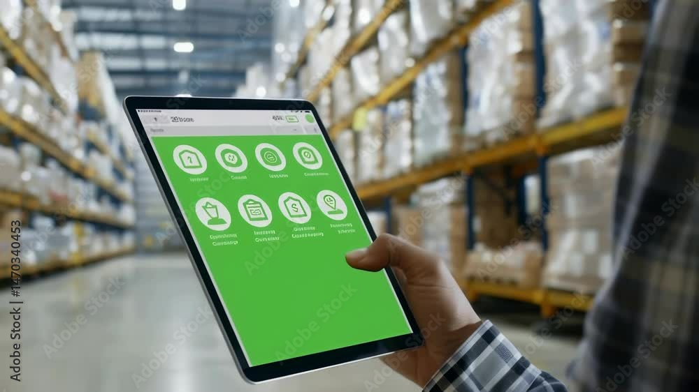Poster a worker in a warehouse uses a tablet to manage inventory. the background shows shelves filled with 