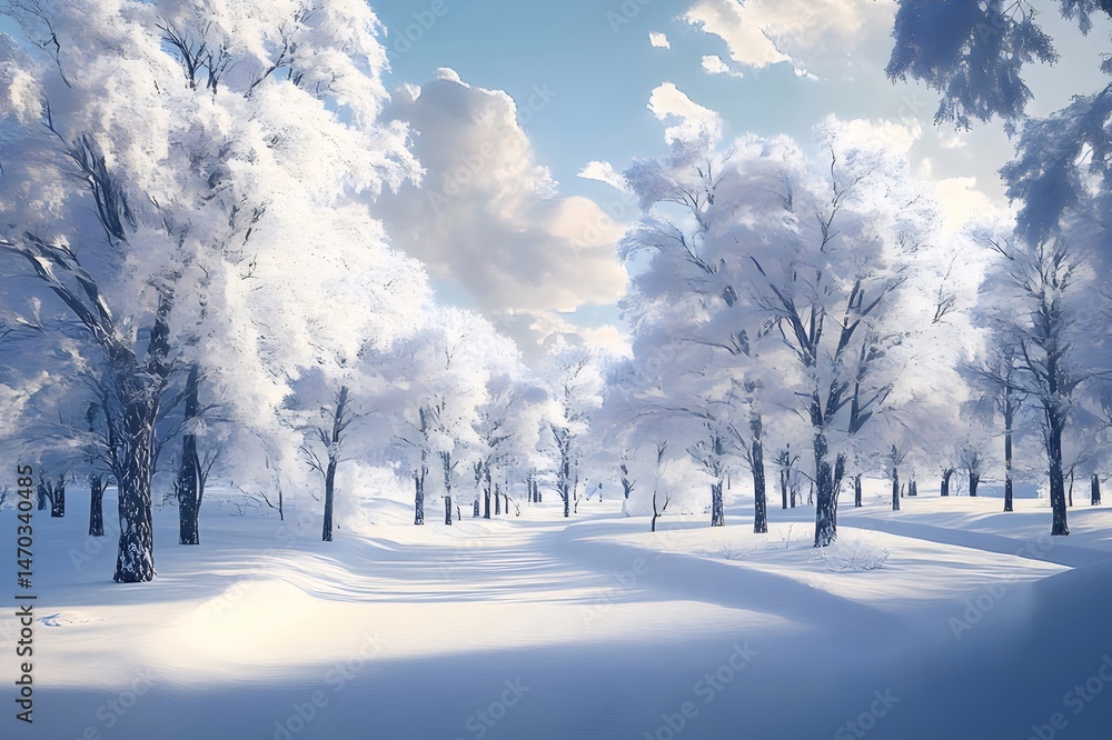 Poster 雪に覆われた木々が並ぶ冬の森の風景 青空と白い雲 冬の静けさと美しさ 雪化粧をした木の枝と道 冬の自然風景
