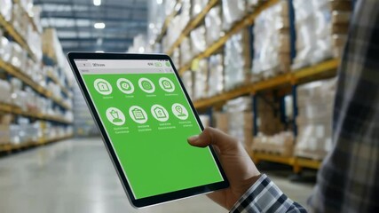 A worker in a warehouse uses a tablet to manage inventory. The background shows shelves filled with stock, indicating a busy storage facility. Modern logistics management with digital tools. - Powered by Adobe