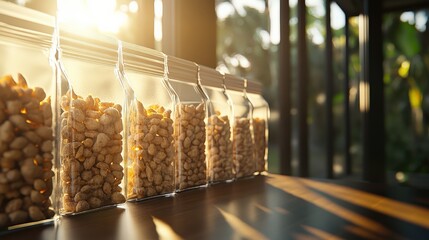 Clear glass containers with nuts on a table bathed in warm natural light