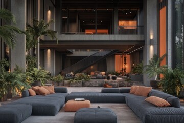 Open-plan modern living area with high ceilings, exposed concrete, and tropical plants