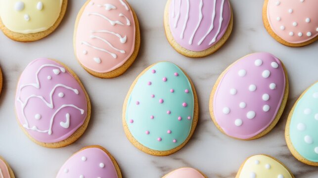 Easter egg-shaped cookies, decorated with pastel icing and designs