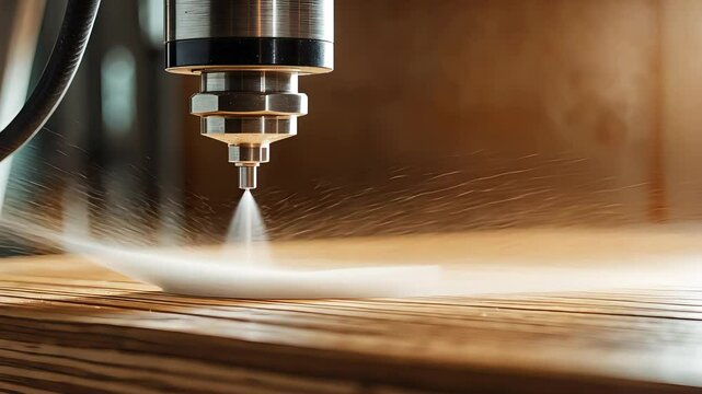 Close-up of an industrial spray nozzle applying a fine mist coating on a wooden surface in a carpentry workshop with warm lighting and detail

