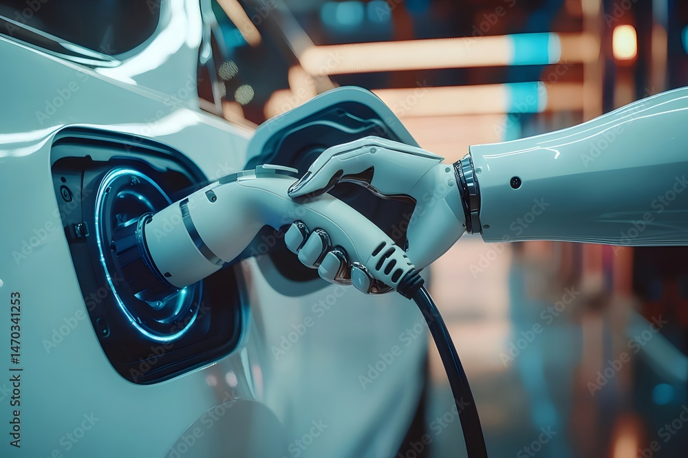 Aufkleber ロボットハンドによる電気自動車充電プラグイン 未来的な機械と白い車の側面クローズアップ