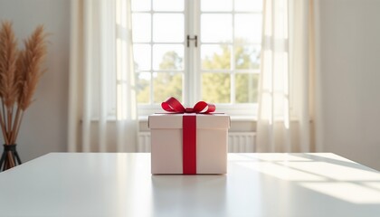Single wrapped gift box on white table in bright minimal room