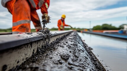 Construction workers pouring concrete on industrial site with tools and equipment
